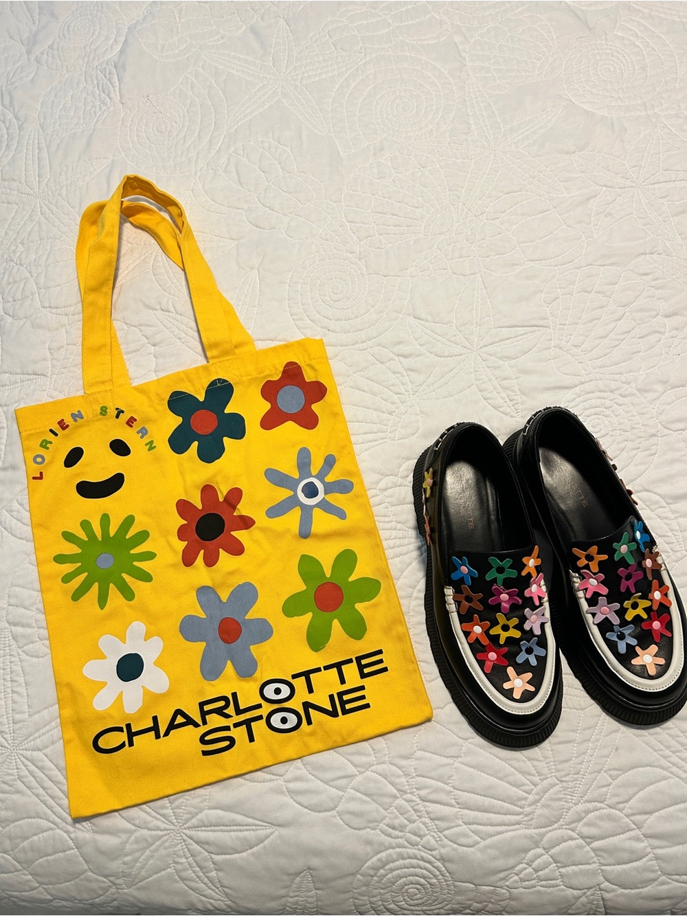Charlotte Stone Flower Loafers with Tote Bag
